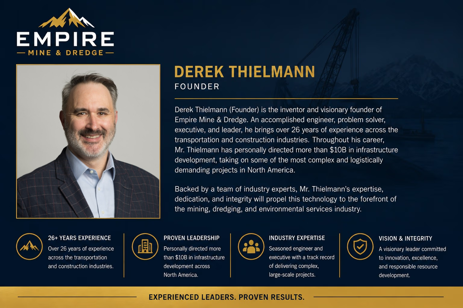 Derek Thielmann, Founder. Inventor and founder of Empire Mine & Dredge, with over 26 years of experience across the transportation and construction industries, having directed more than $10B in infrastructure development across North America.