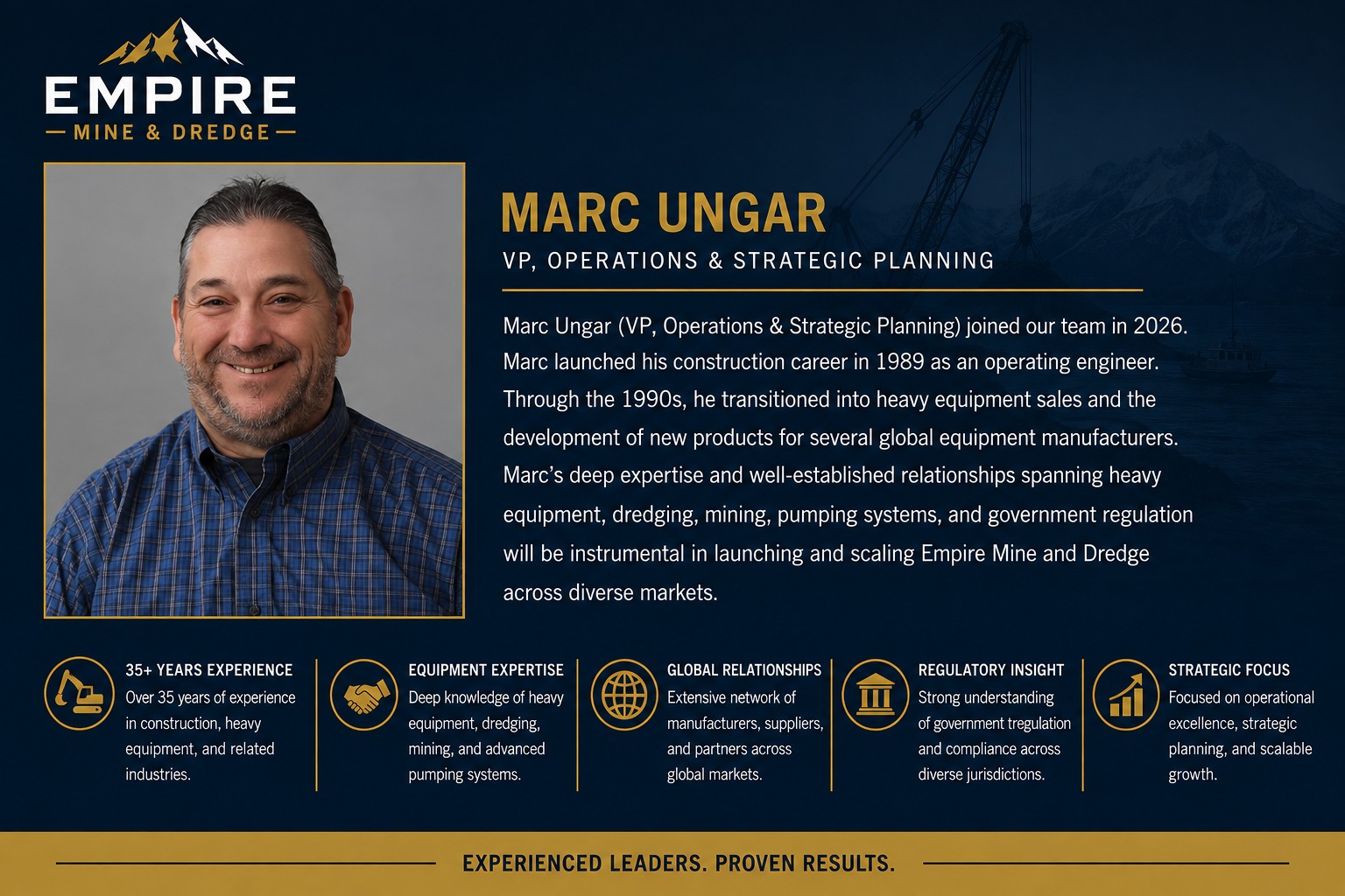 Marc Ungar, VP, Operations. Over 35 years in construction and heavy equipment, with expertise spanning dredging, mining, pumping systems and government regulation.